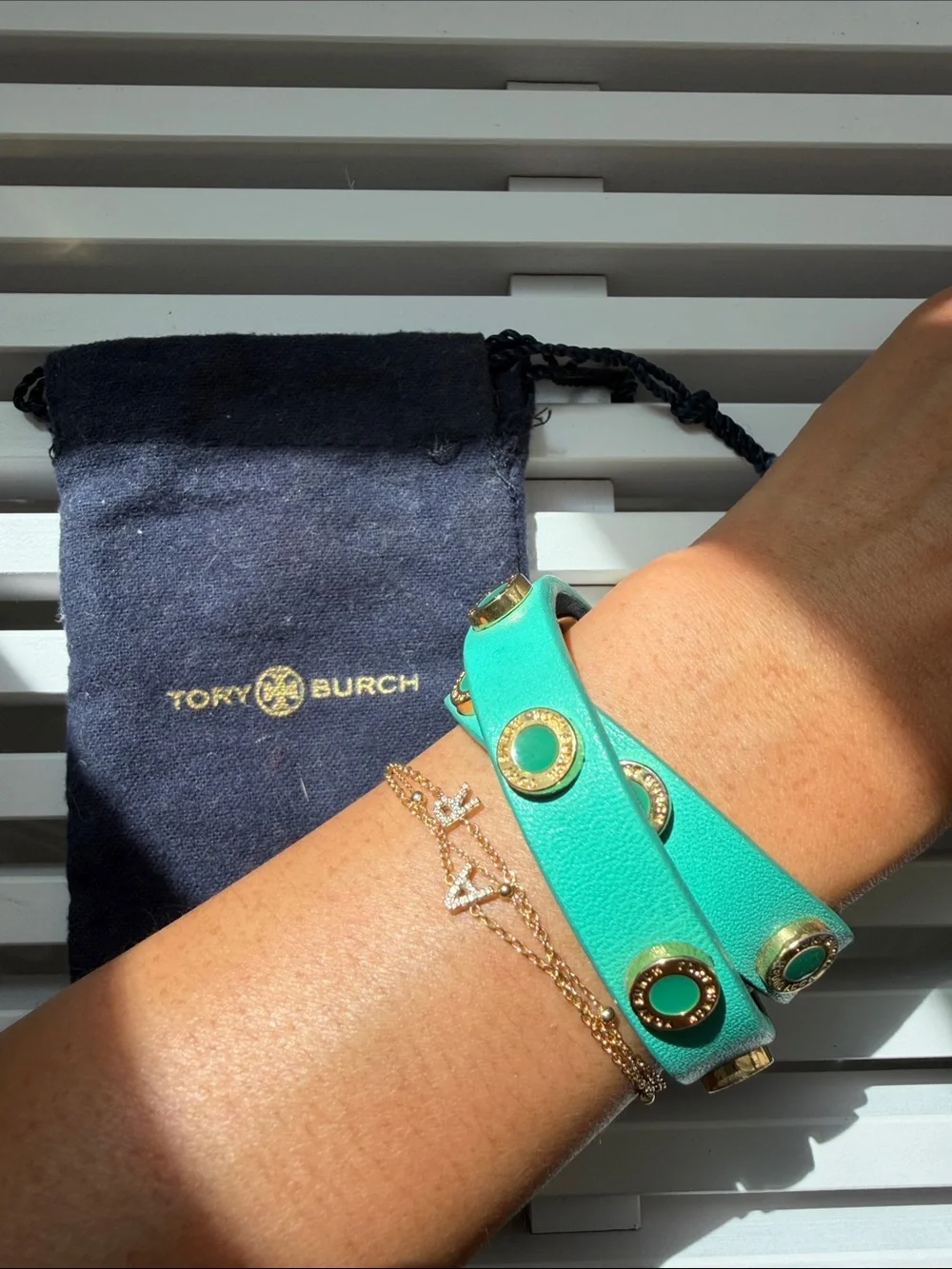 Tory Burch NWT Turquoise Double-Wrap Leather Bracelet with Gold-Tone Studs